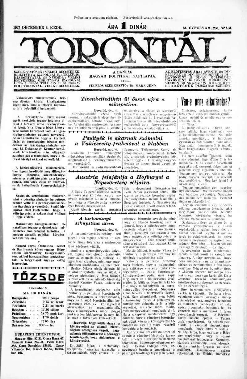 Torontál, 56. évf. 1927. december 6. 280. sz.