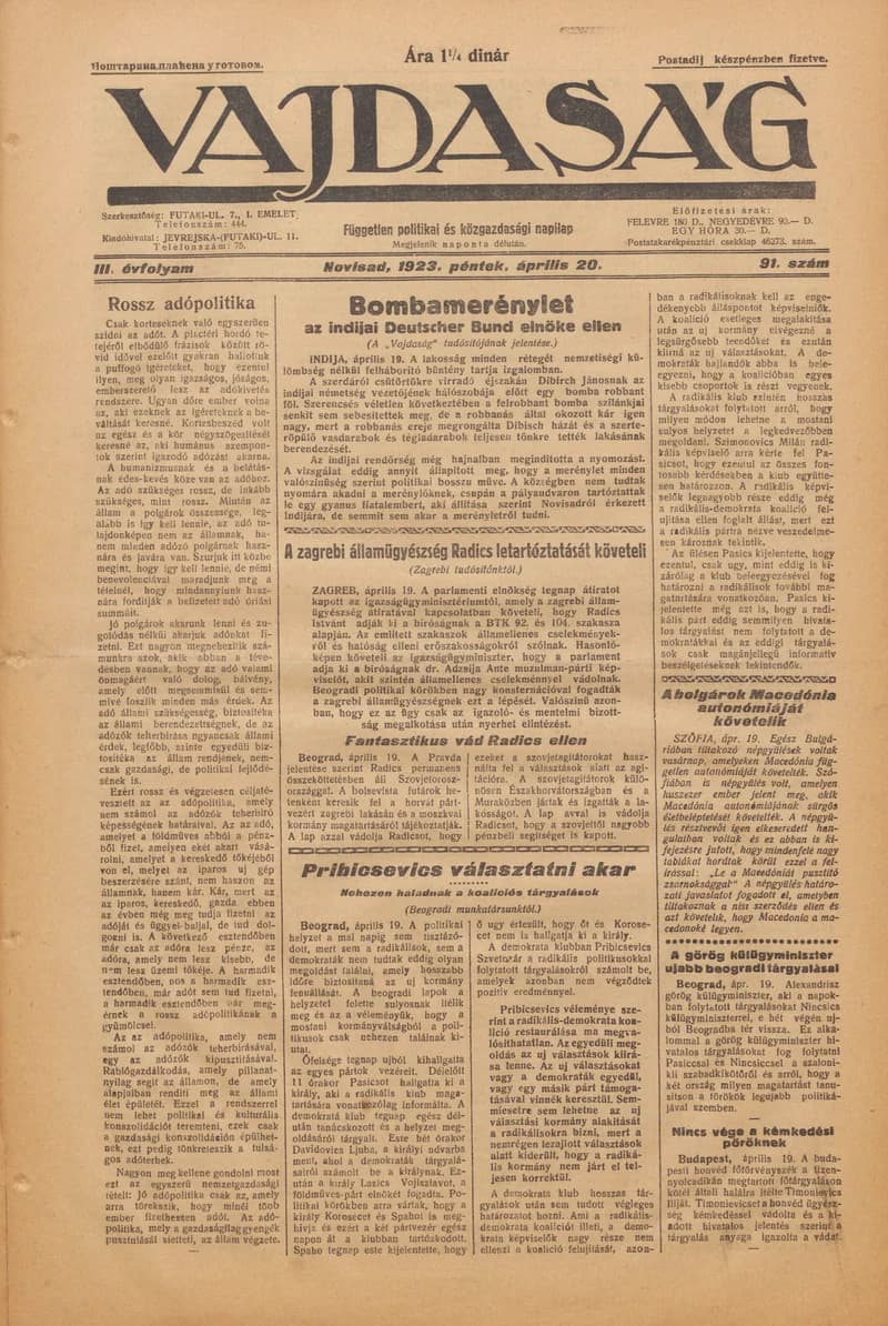 Vajdaság, 3. évf. 1923. április 20. 91. sz.