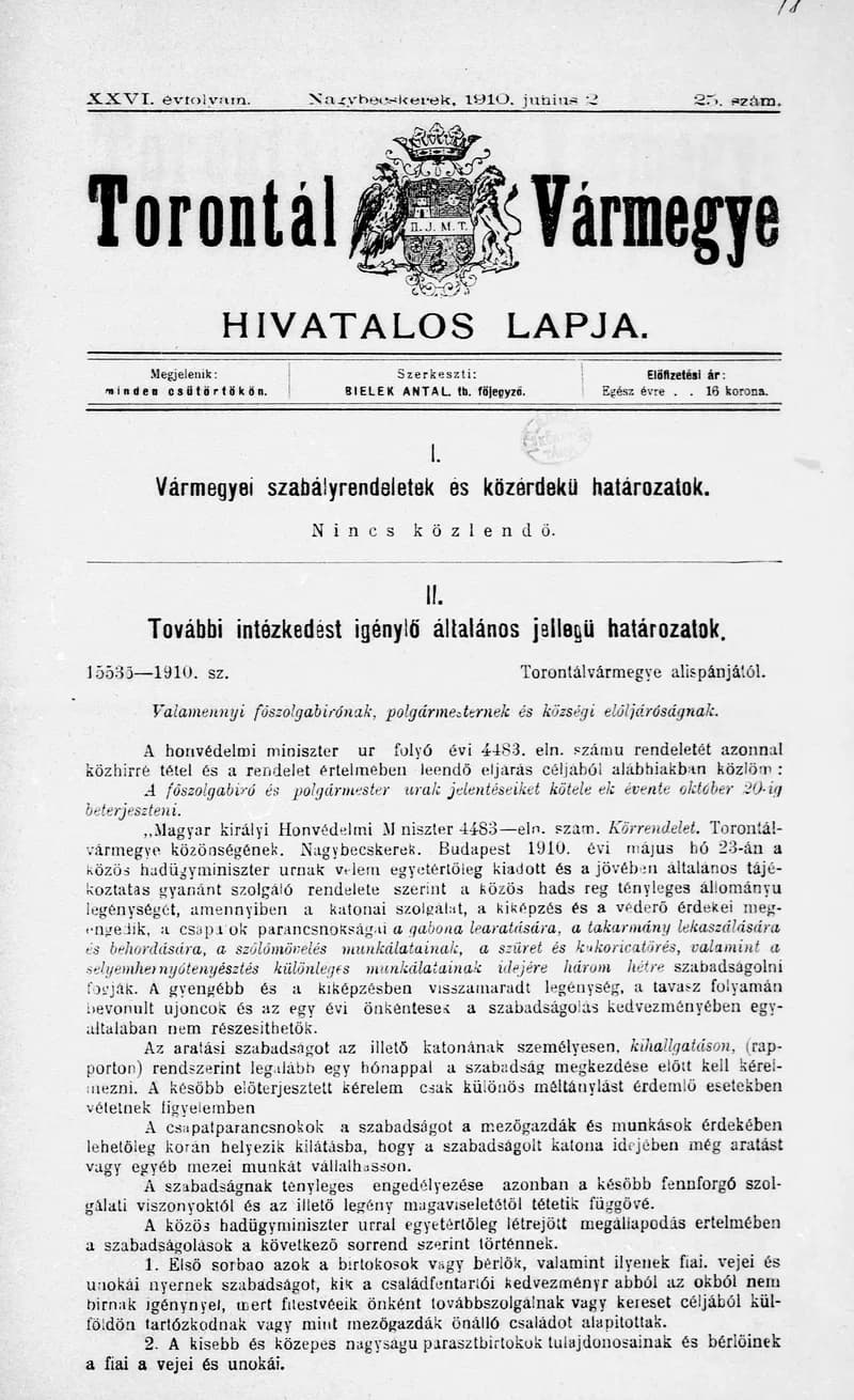 Torontál Vármegye Hivatalos Lapja, 26. évf. 1910. június 2. 25. sz.