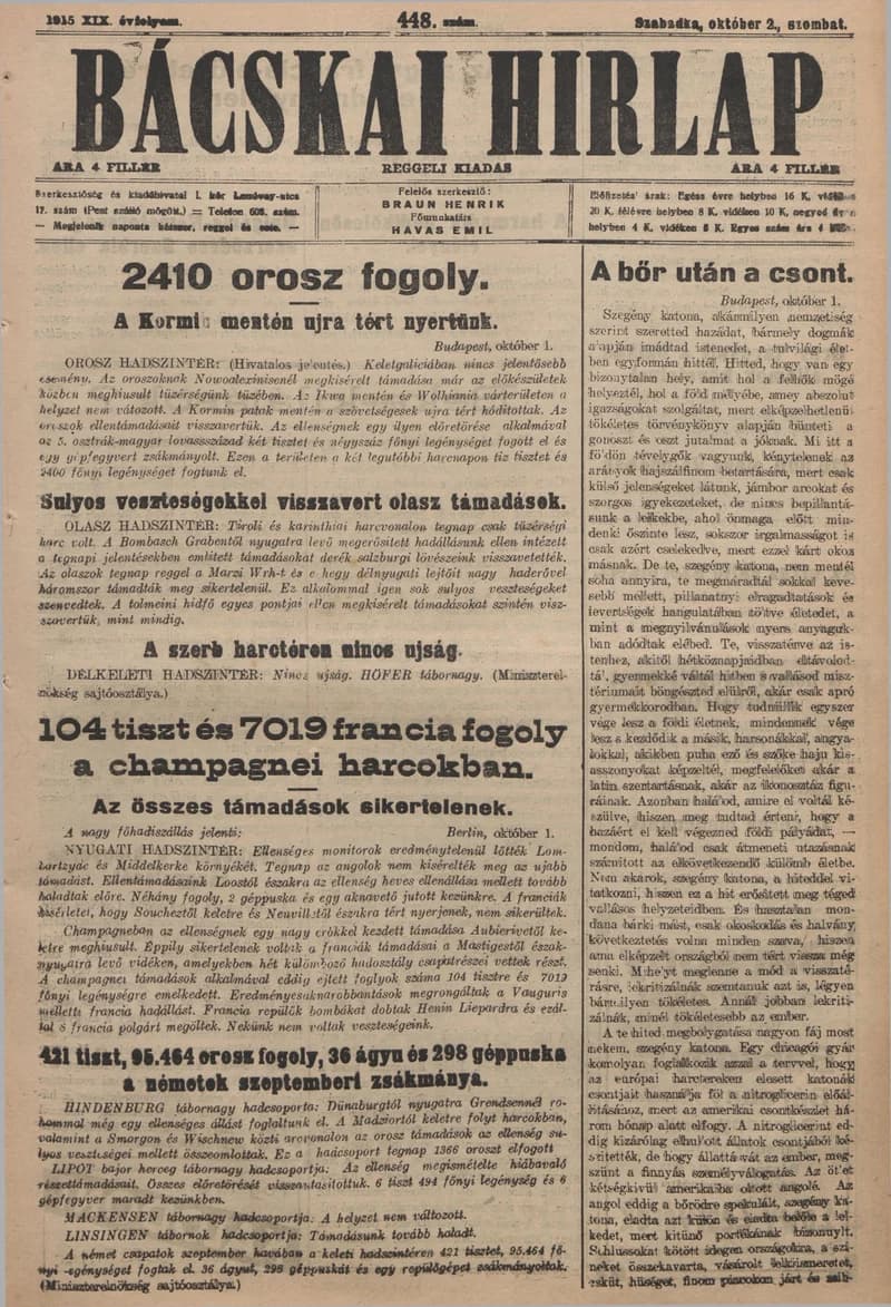 Bácskai Hirlap, 19. évf. 1915. október 2. 448. sz.