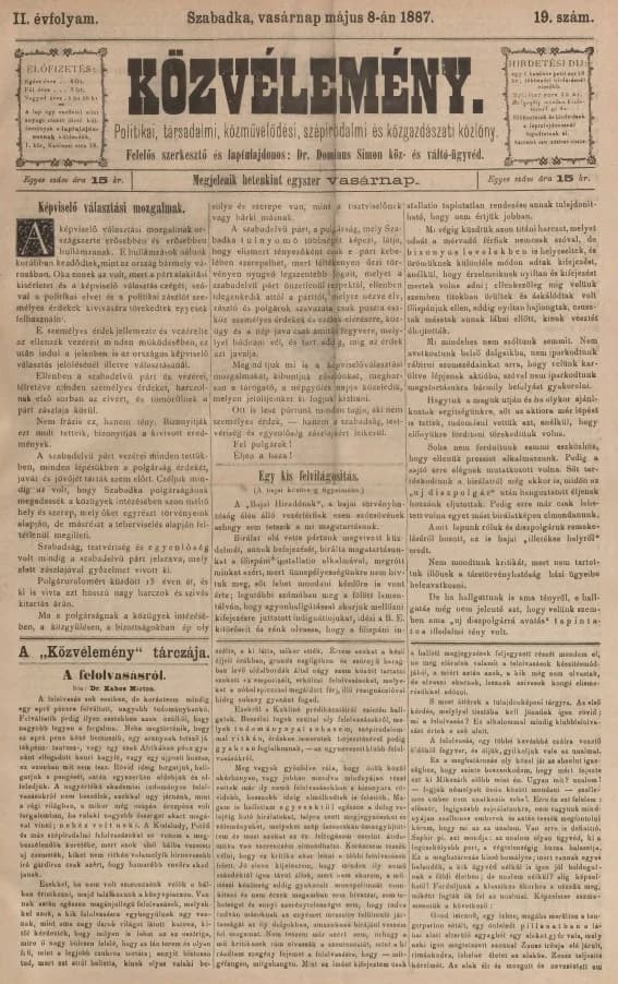 Közvélemény, 2. évf. 1887. május 8. 19. sz.