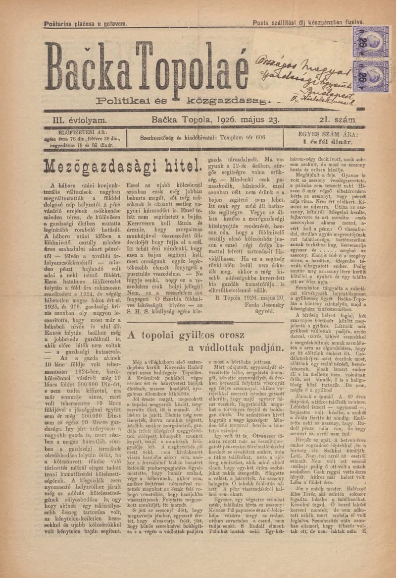 Bačka Topola és Vidéke, 3. évf. 1926. május 23. 21. sz.