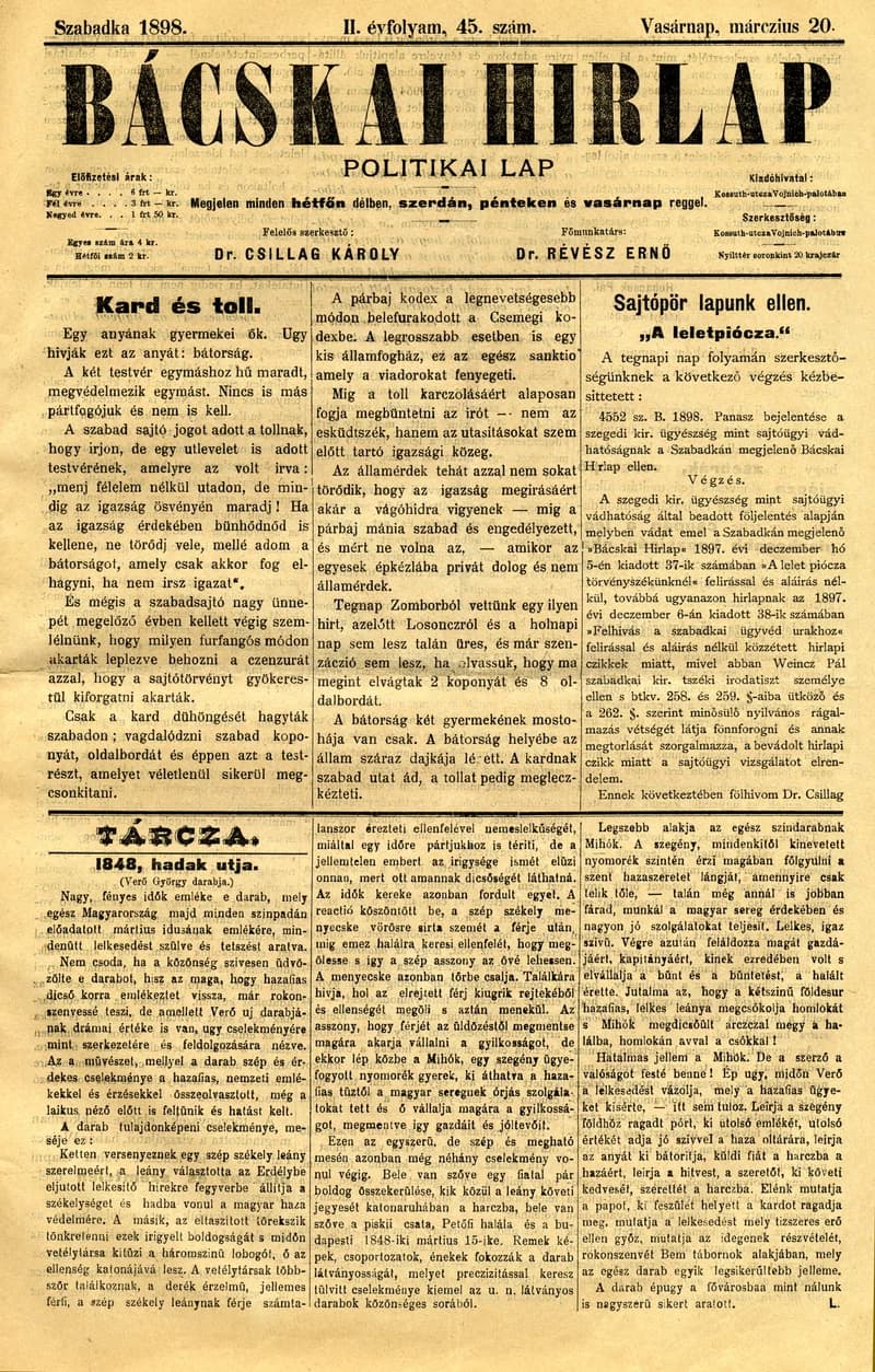 Bácskai Hirlap, 2. évf. 1898. március 20. 45. sz. 1–8. oldal