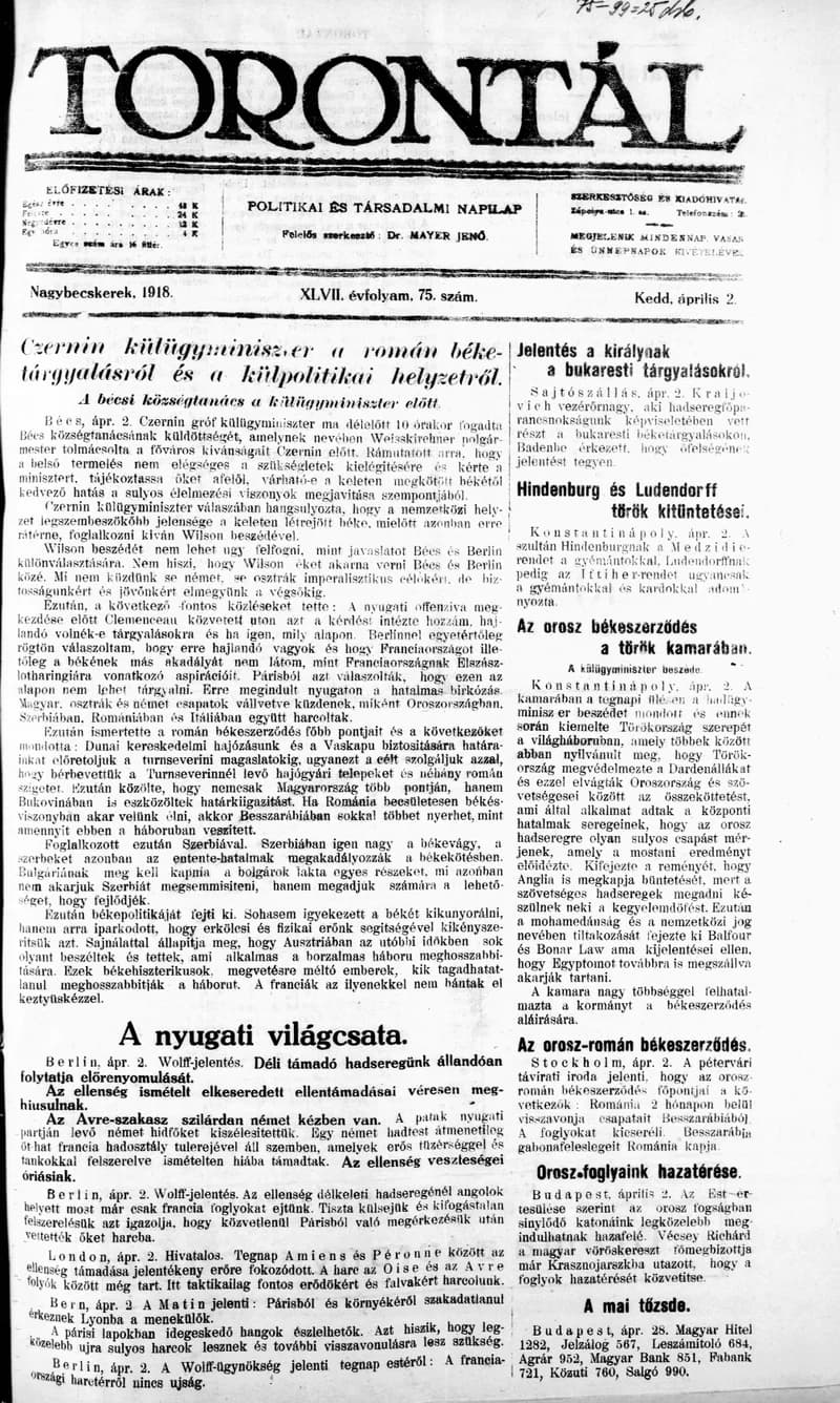 Torontál, 47. évf. 1918. április 2. 75. sz.