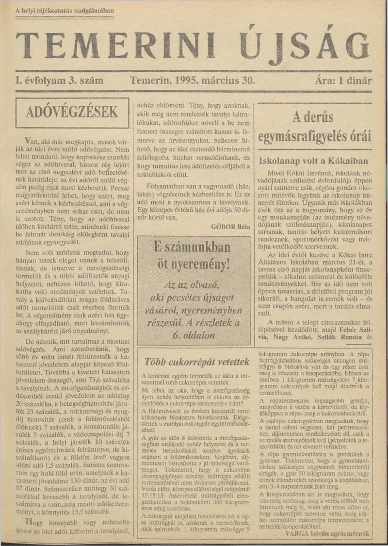 Temerini Újság, 1. évf. 1995. március 30. 3. sz.