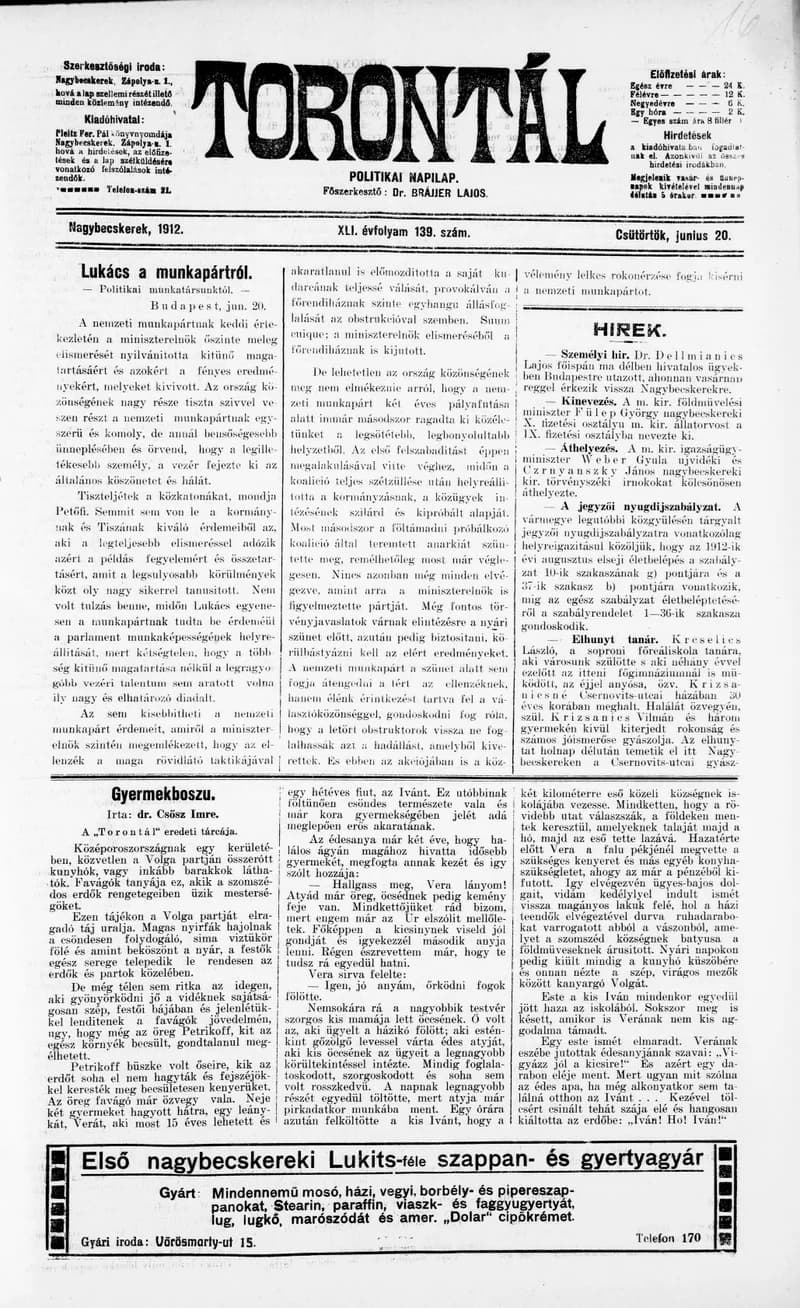 Torontál, 41. évf. 1912. június 20. 139. sz.