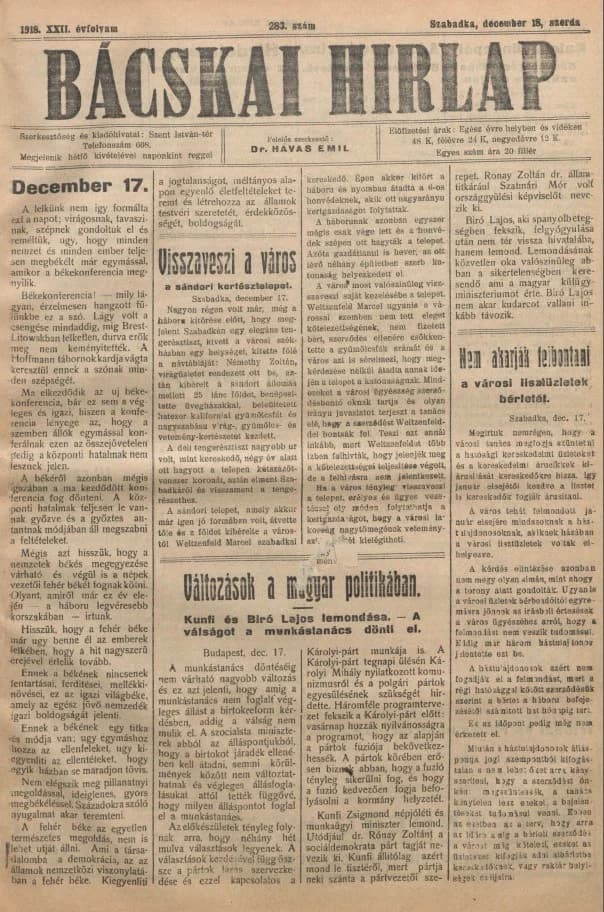 Bácskai Hirlap, 22. évf. 1918. december 18. 283. sz.