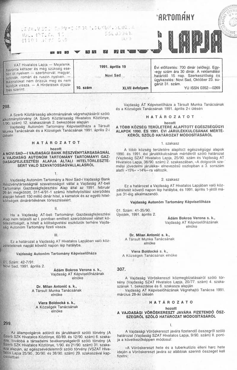 Vajdaság Szocialista Autonóm Tartomány Hivatalos Lapja, 47. évf. 1991. április 19. 10. sz.