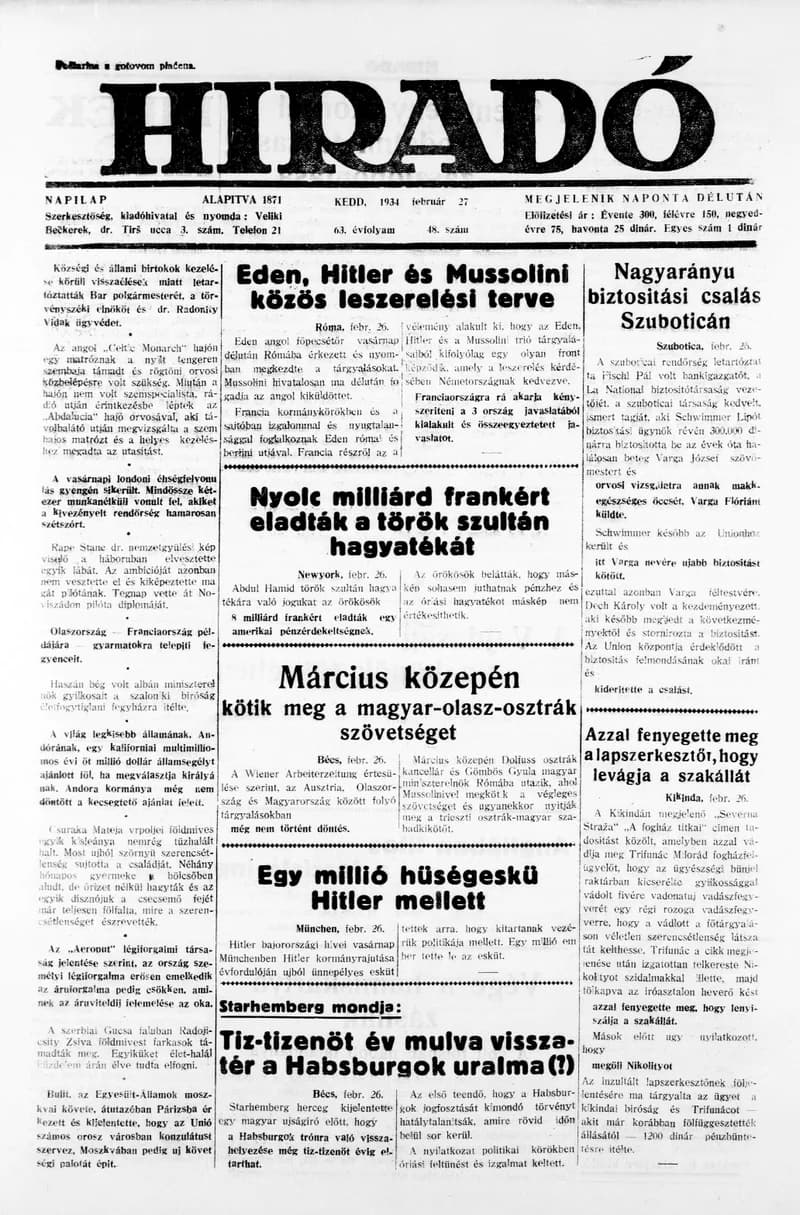 Híradó, 63. évf. 1934. február 27. 48. sz.