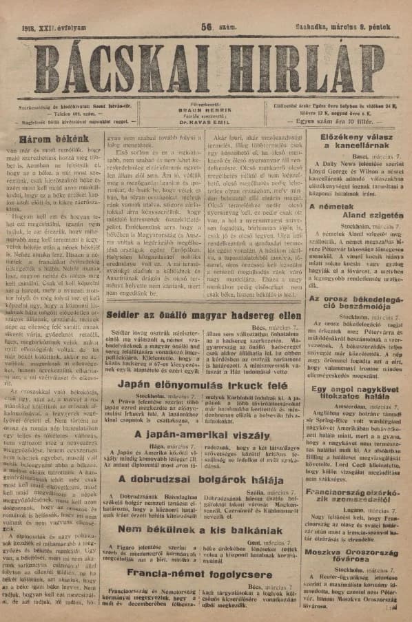 Bácskai Hirlap, 22. évf. 1918. március 8. 56. sz.