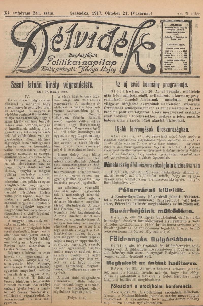 Délvidék, 11. évf. 1917. október 21. 241. sz.