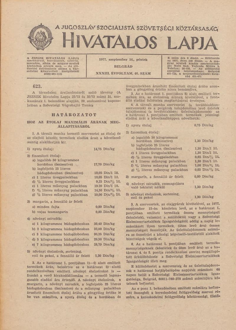 A Jugoszláv Szocialista Szövetségi Köztársaság Hivatalos Lapja, 33. évf. 1977. szeptember 16. 46. sz. 1765–1788. oldal