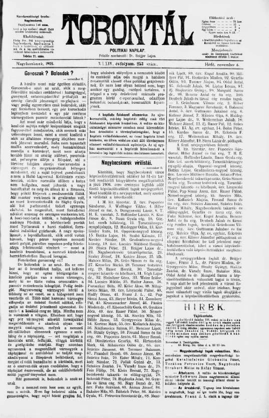 Torontál, 34. évf. 1905. november 6. 253. sz.