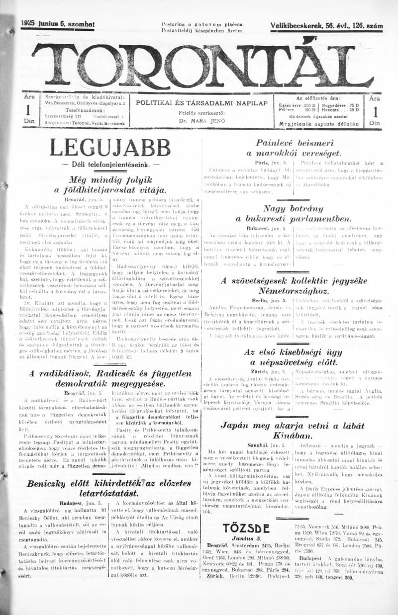 Torontál, 54. évf. 1925. június 6. 126. sz.