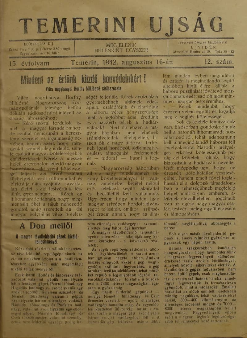 Temerini Újság 1928-1944, 15. évf. 1942. augusztus 16. 12. sz.