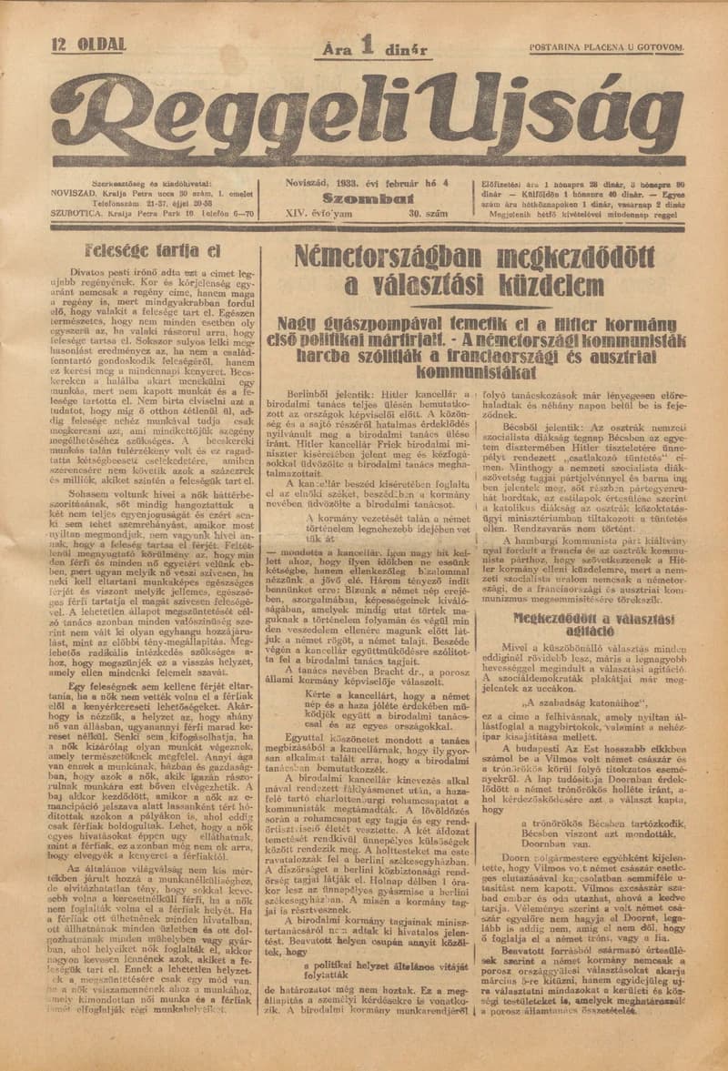 Reggeli Újság, 14. évf. 1933. február 4. 30. sz.