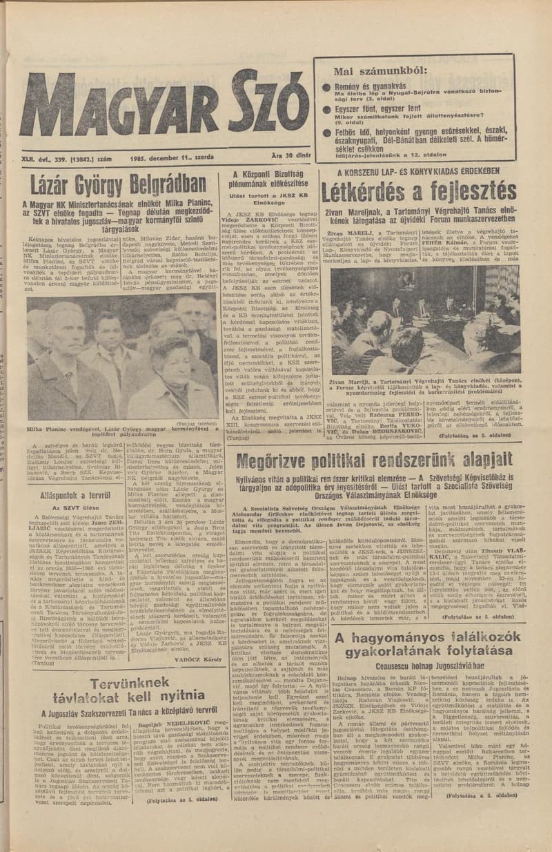 Magyar Szó, 42. évf. 1985. december 11. 339. sz. 1–16. oldal
