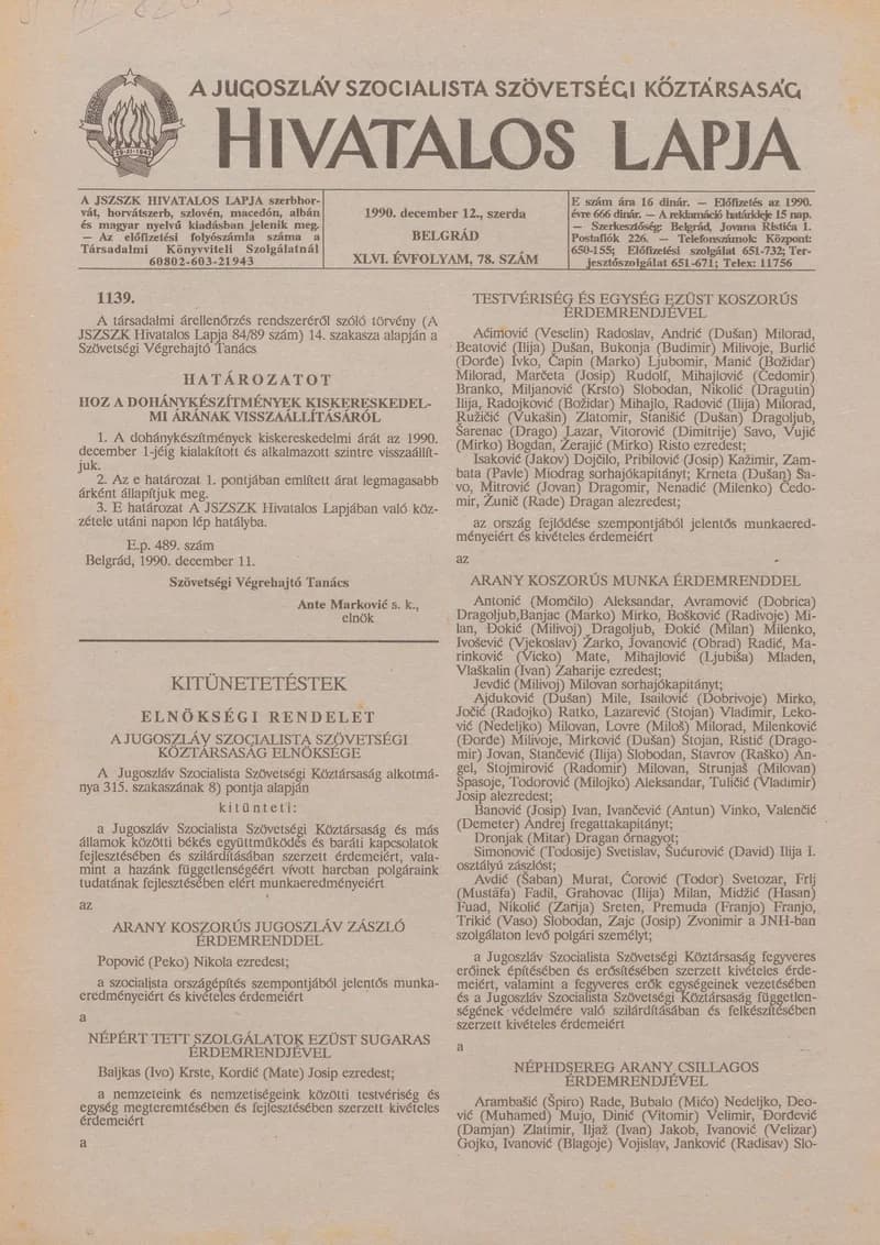 A Jugoszláv Szocialista Szövetségi Köztársaság Hivatalos Lapja, 46. évf. 1990. december 12. 78. sz. 2233–2236. oldal
