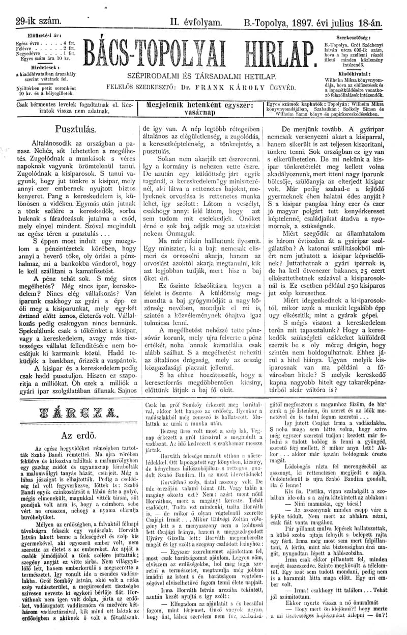 Bács-Topolyai Hirlap, 2. évf. 1897. július 18. 29. sz.