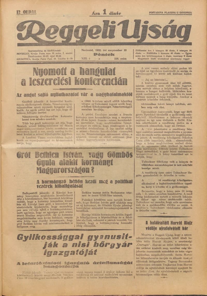 Reggeli Újság, 13. évf. 1932. szeptember 23. 226. sz.