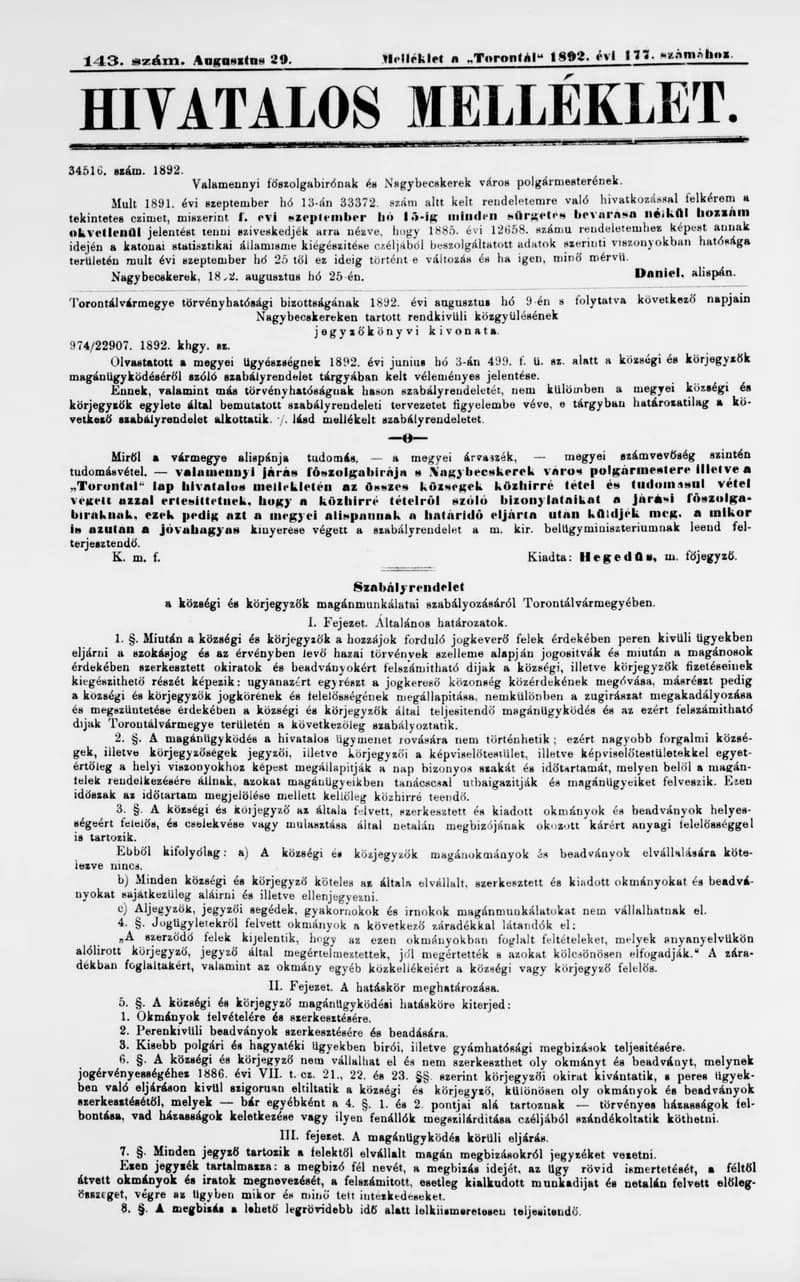 A Totontál  hivatalos melléklete, 5. évf. 1892. augusztus 29. 143. sz.