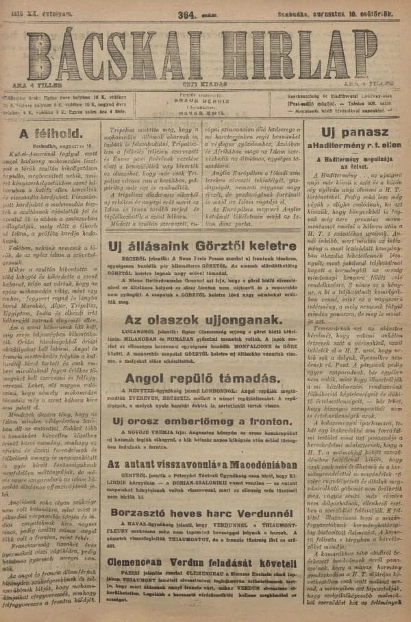 Bácskai Hirlap, 20. évf. 1916. augusztus 10. 364. sz.