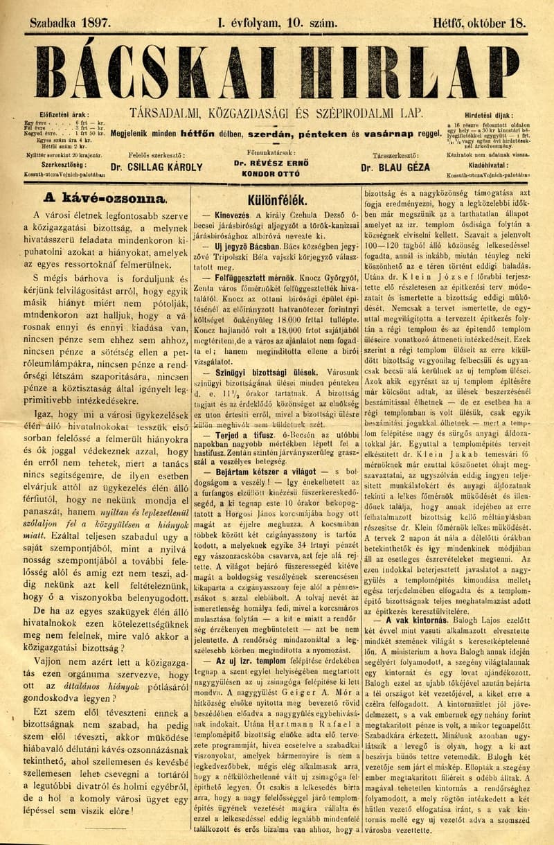 Bácskai Hirlap, 1. évf. 1897. október 18. 10. sz. 1–2. oldal