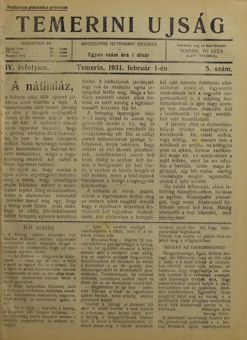 Temerini Újság 1928-1944, 4. évf. 1931. február 1. 5. sz.