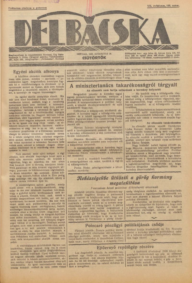 Délbácska, 7. évf. 1926. augusztus 26. 196. sz.