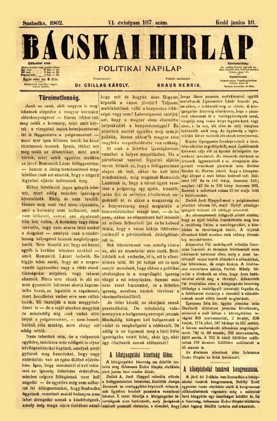 Bácskai Hirlap, 6. évf. 1902. június 10. 107. sz.