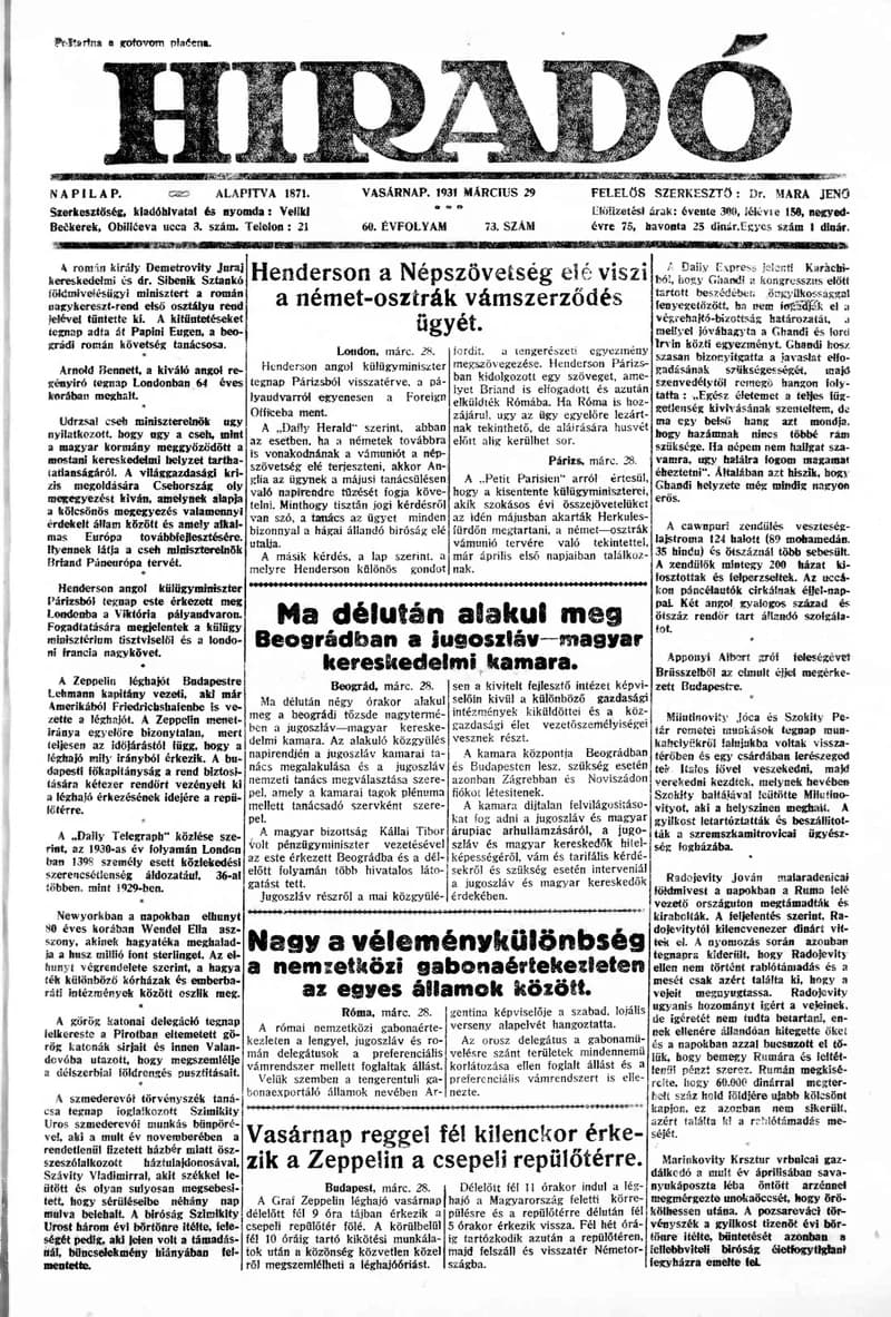 Híradó, 60. évf. 1931. március 29. 73. sz.
