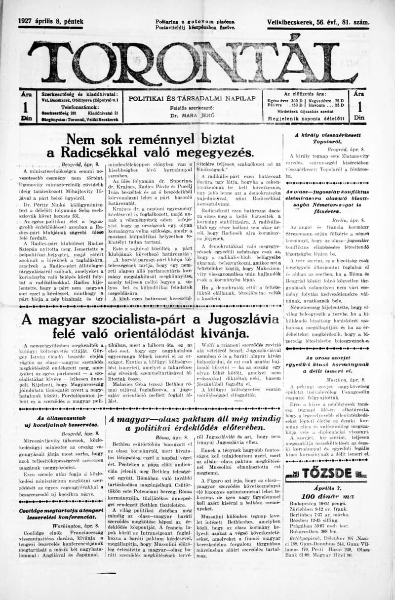 Torontál, 56. évf. 1927. április 8. 81. sz.