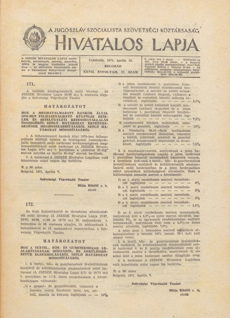A Jugoszláv Szocialista Szövetségi Köztársaság Hivatalos Lapja, 27. évf. 1971. április 15. 17. sz. 313–316. oldal