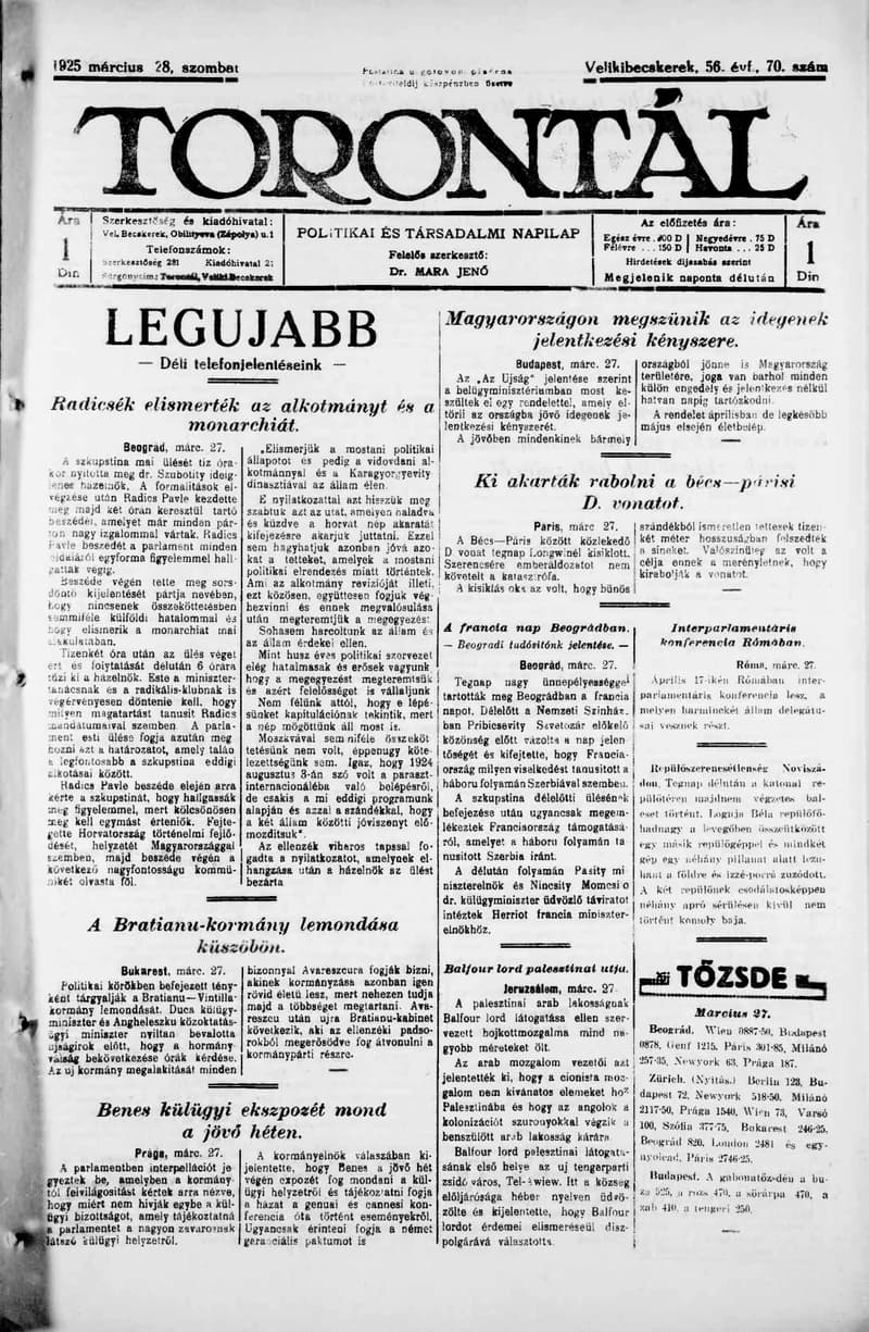 Torontál, 54. évf. 1925. március 28. 70. sz.