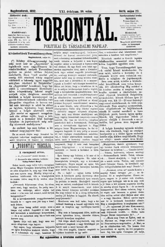 Torontál, 21. évf. 1892. május 23. 99. sz.