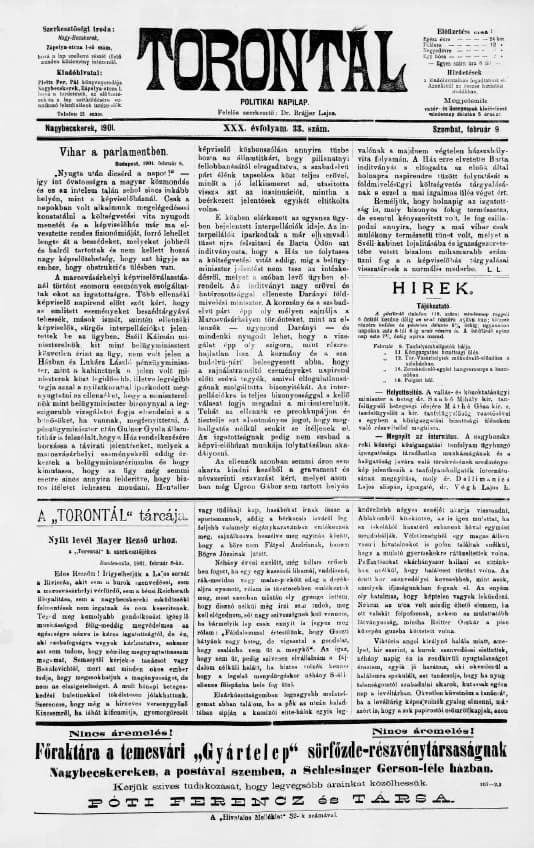 Torontál, 30. évf. 1901. február 9. 33. sz.