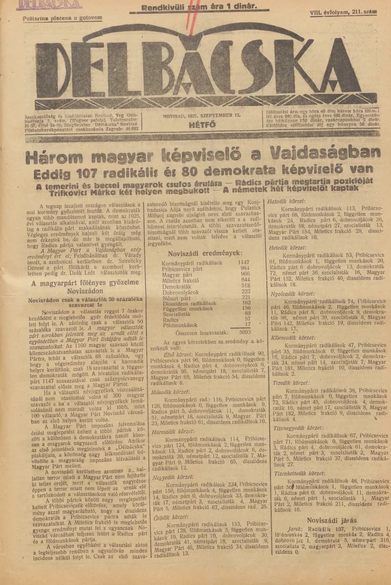 Délbácska, 8. évf. 1927. szeptember 12. 211. sz.