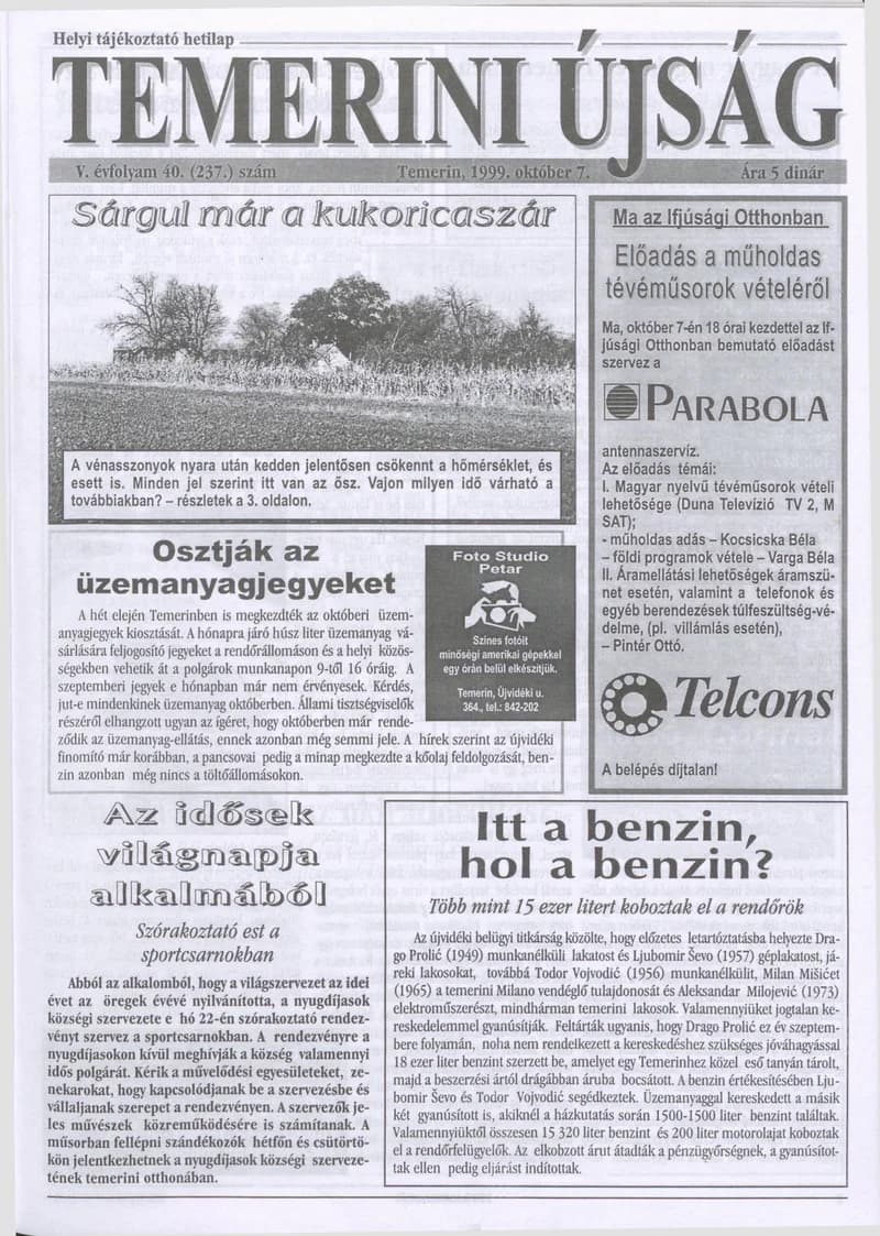 Temerini Újság, 5. évf. 1999. október 7. 40. sz.