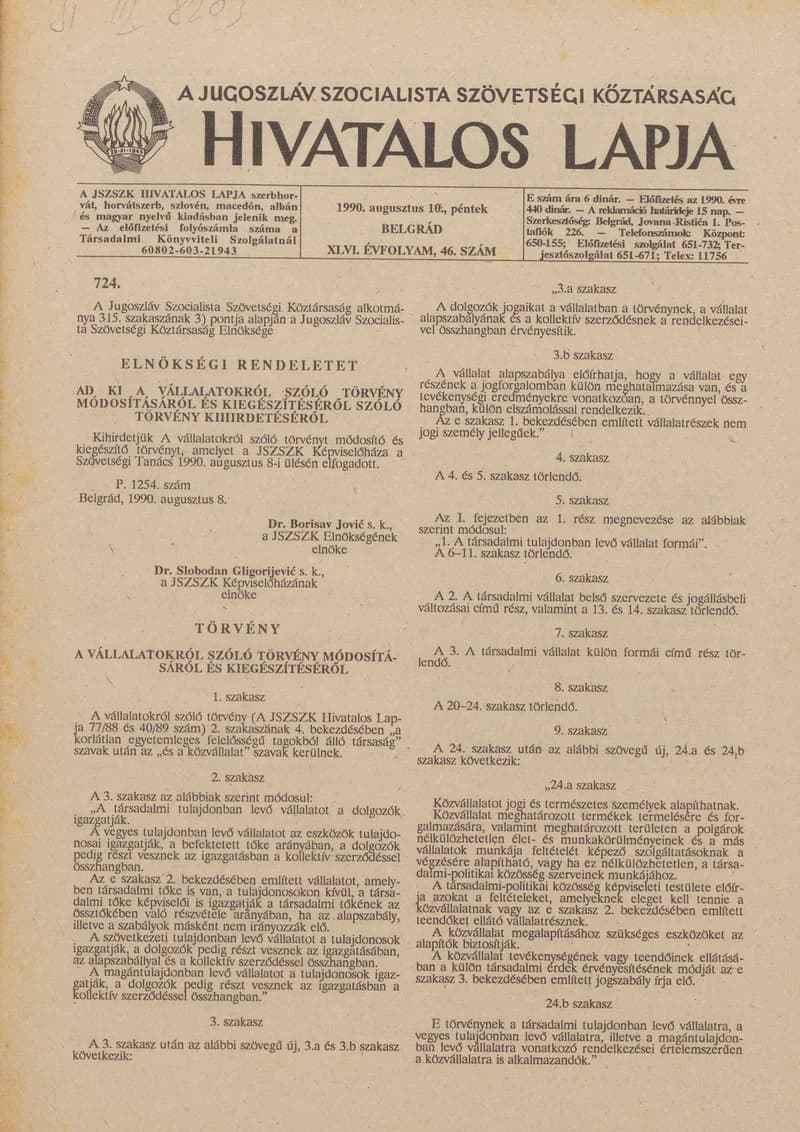 A Jugoszláv Szocialista Szövetségi Köztársaság Hivatalos Lapja, 46. évf. 1990. augusztus 10. 46. sz. 1341–1372. oldal