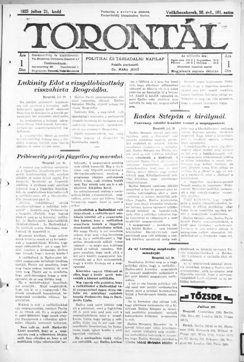 Torontál, 54. évf. 1925. július 21. 161. sz.