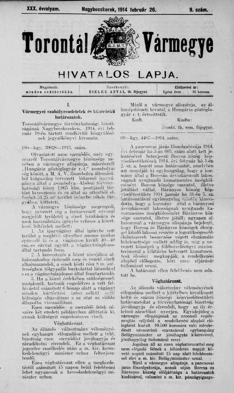 Torontál Vármegye Hivatalos Lapja, 30. évf. 1914. február 26. 9. sz.