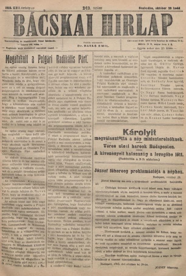 Bácskai Hirlap, 22. évf. 1918. október 29. 243. sz.