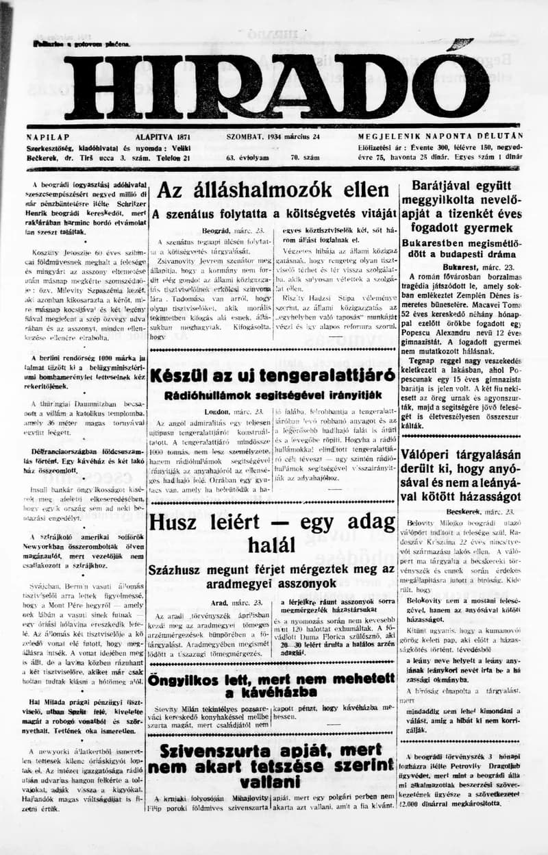 Híradó, 63. évf. 1934. március 24. 70. sz.