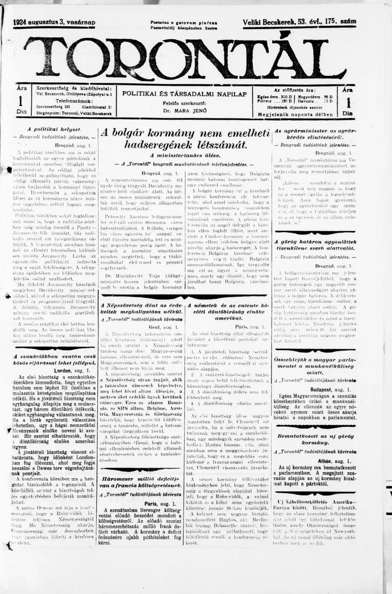 Torontál, 53. évf. 1924. augusztus 3. 175. sz.