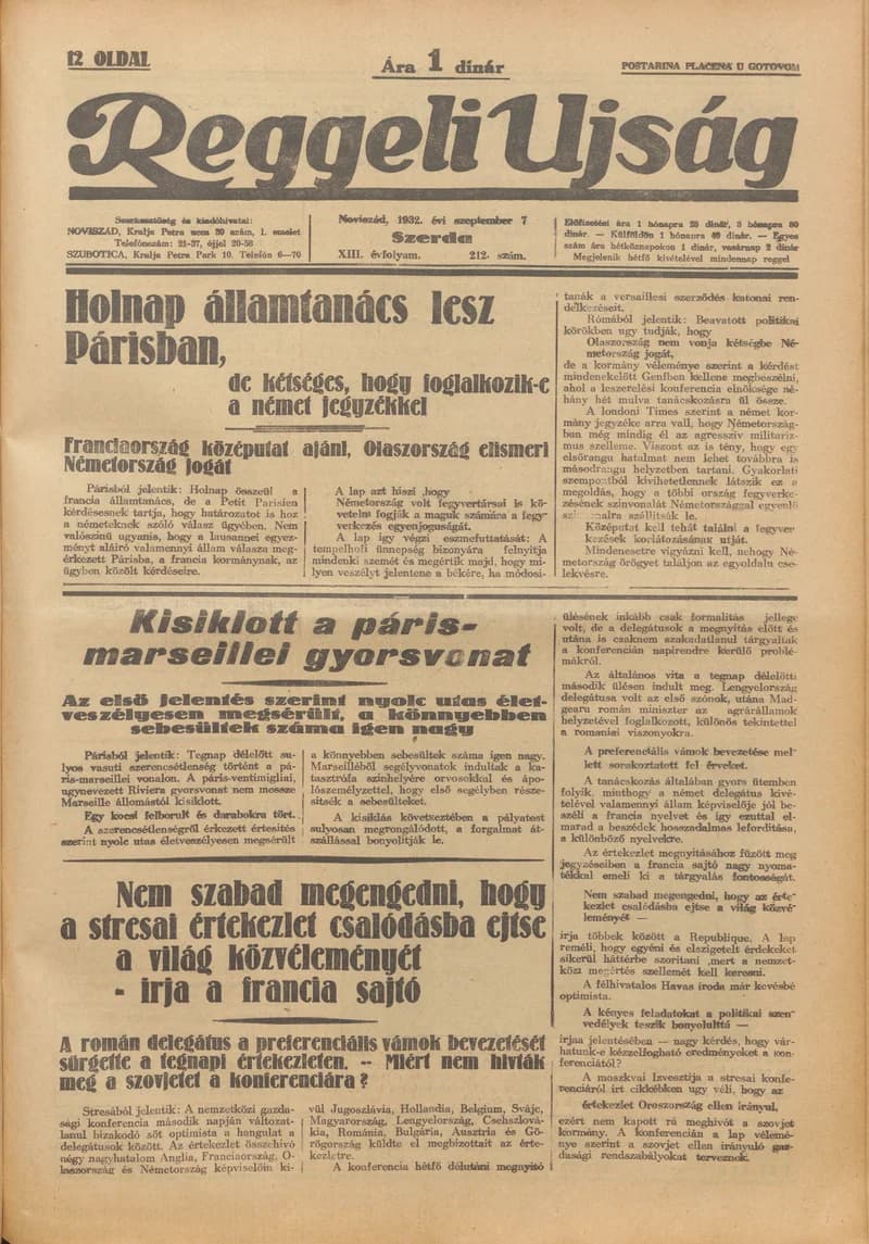 Reggeli Újság, 13. évf. 1932. szeptember 7. 212. sz.