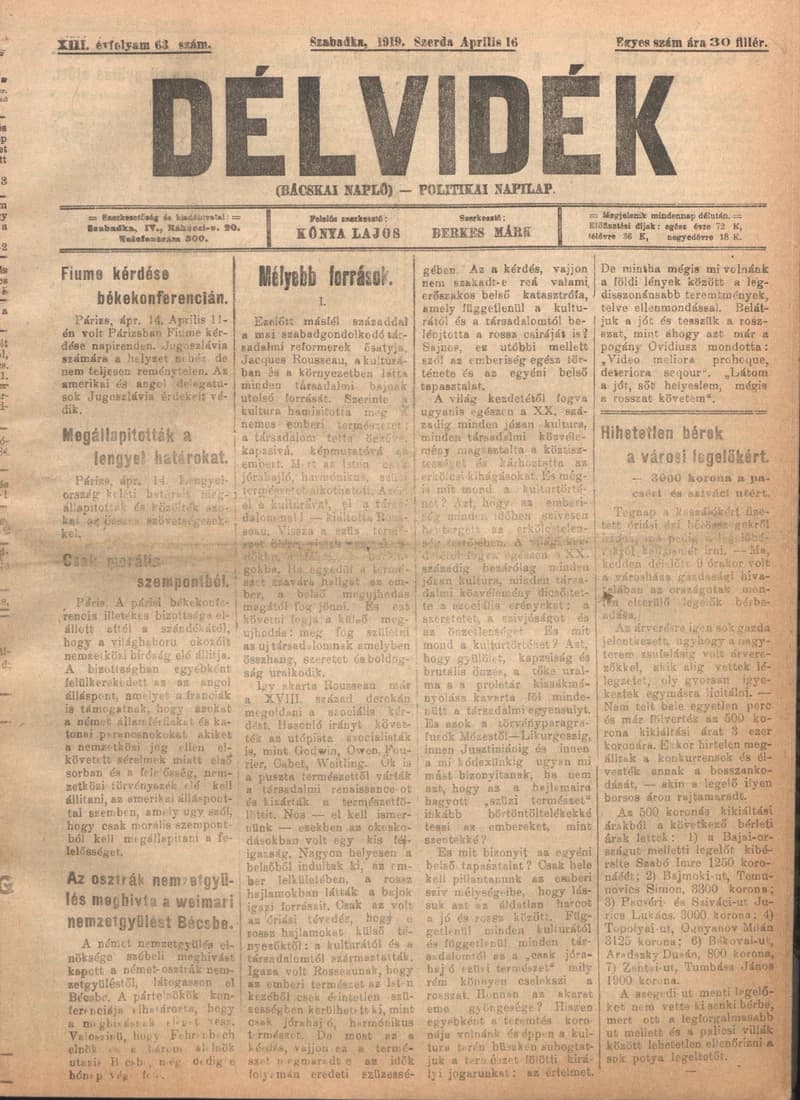 Délvidék, 13. évf. 1919. április 16. 63. sz.