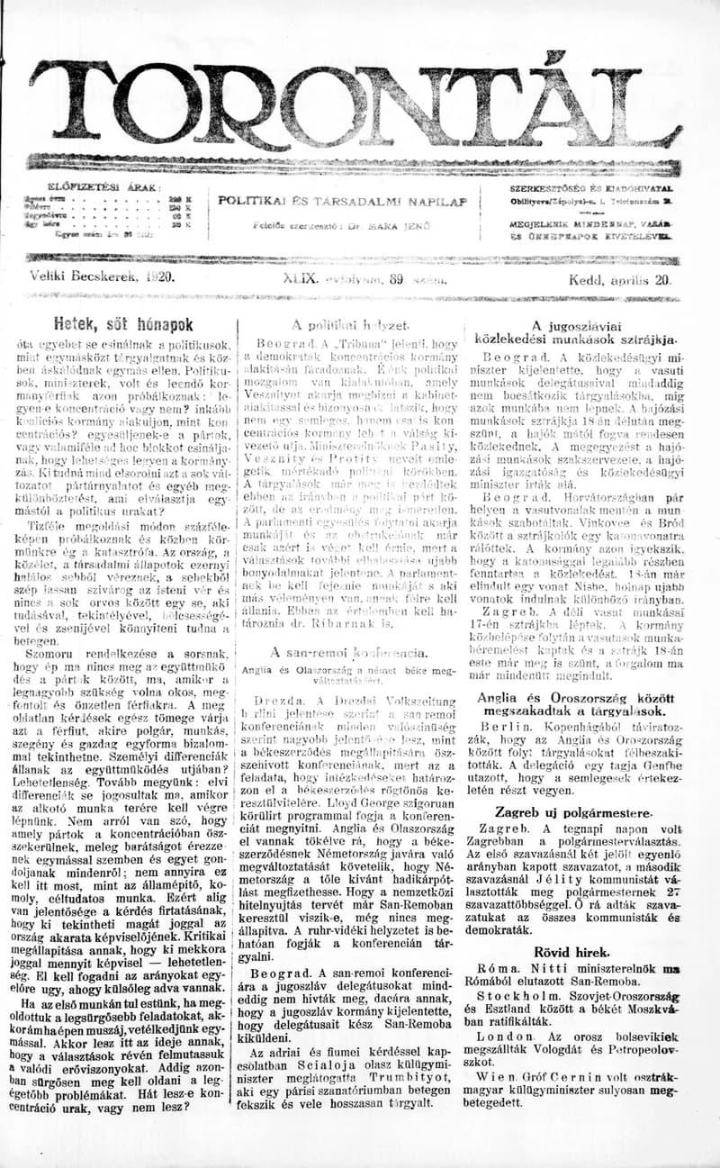 Torontál, 49. évf. 1920. április 20. 89. sz.