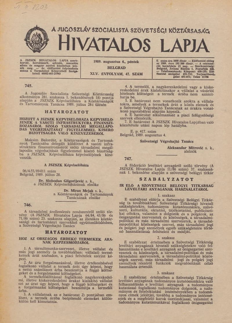 A Jugoszláv Szocialista Szövetségi Köztársaság Hivatalos Lapja, 45. évf. 1989. augusztus 4. 47. sz. 1209–1224. oldal