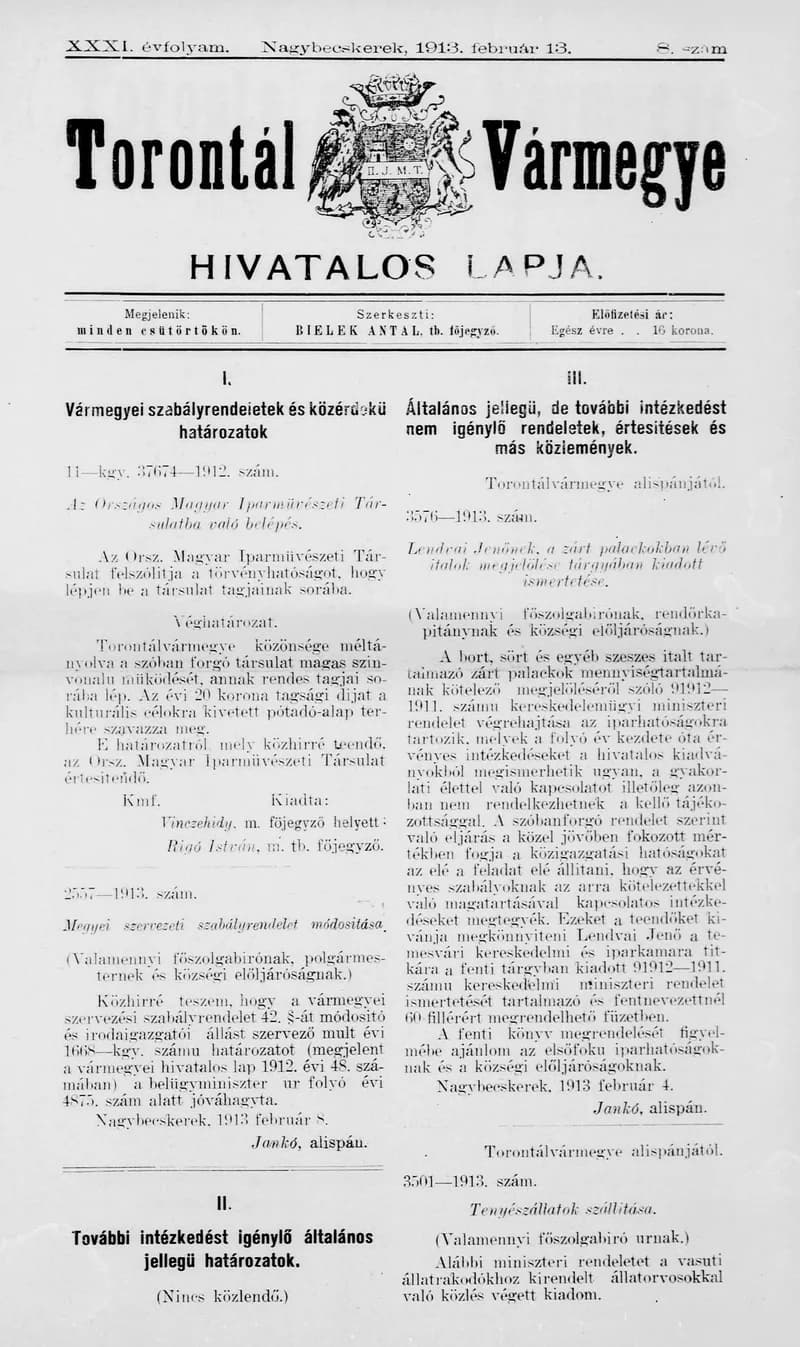 Torontál Vármegye Hivatalos Lapja, 29. évf. 1913. február 13. 8. sz.