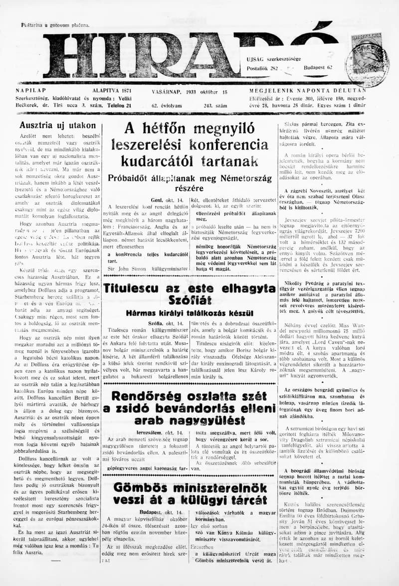 Híradó, 62. évf. 1933. október 15. 243. sz.